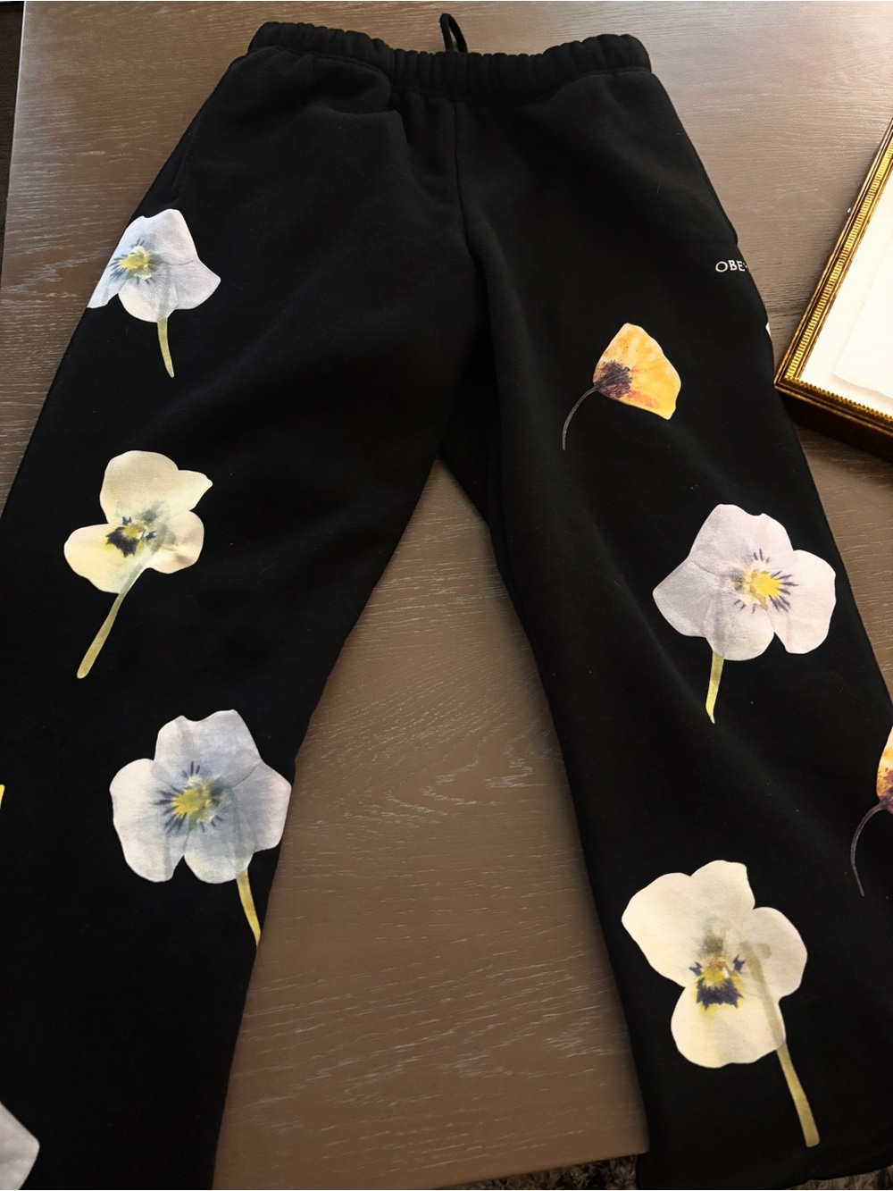 Obey Black Sweatpants with Cream and Pale Blue Floral Print
